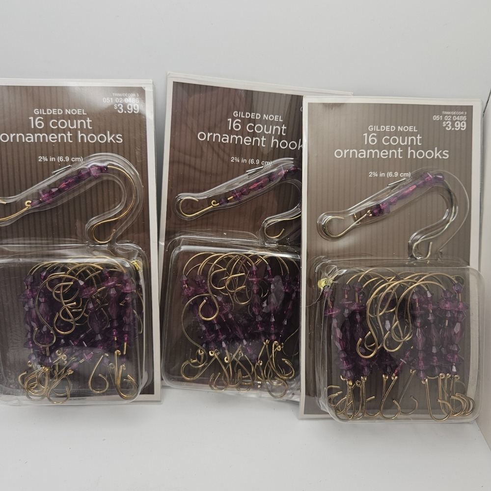 Lot of 3 Gilded Noel Ornament‎ Hooks 16 Count Each Purple Beaded Gold Christmas